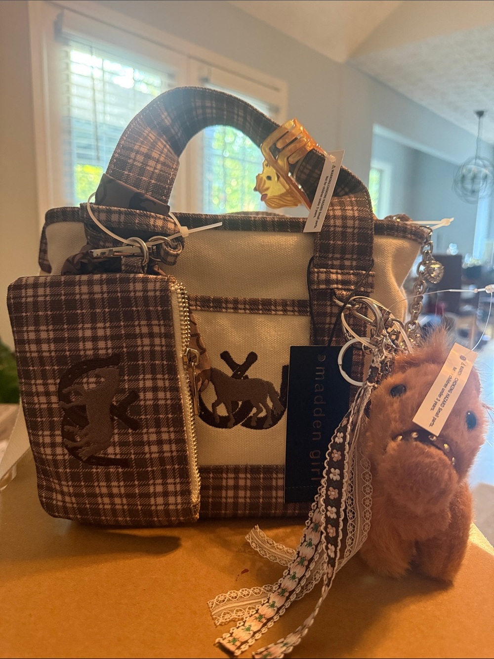 Madden Girl Brown Plaid and Cream Mini Satchel with Charm